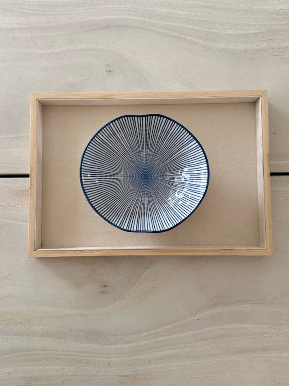 Blue & White Geometric Radial Dot Ceramic Bowl Wavy Rim Minimalist Decor